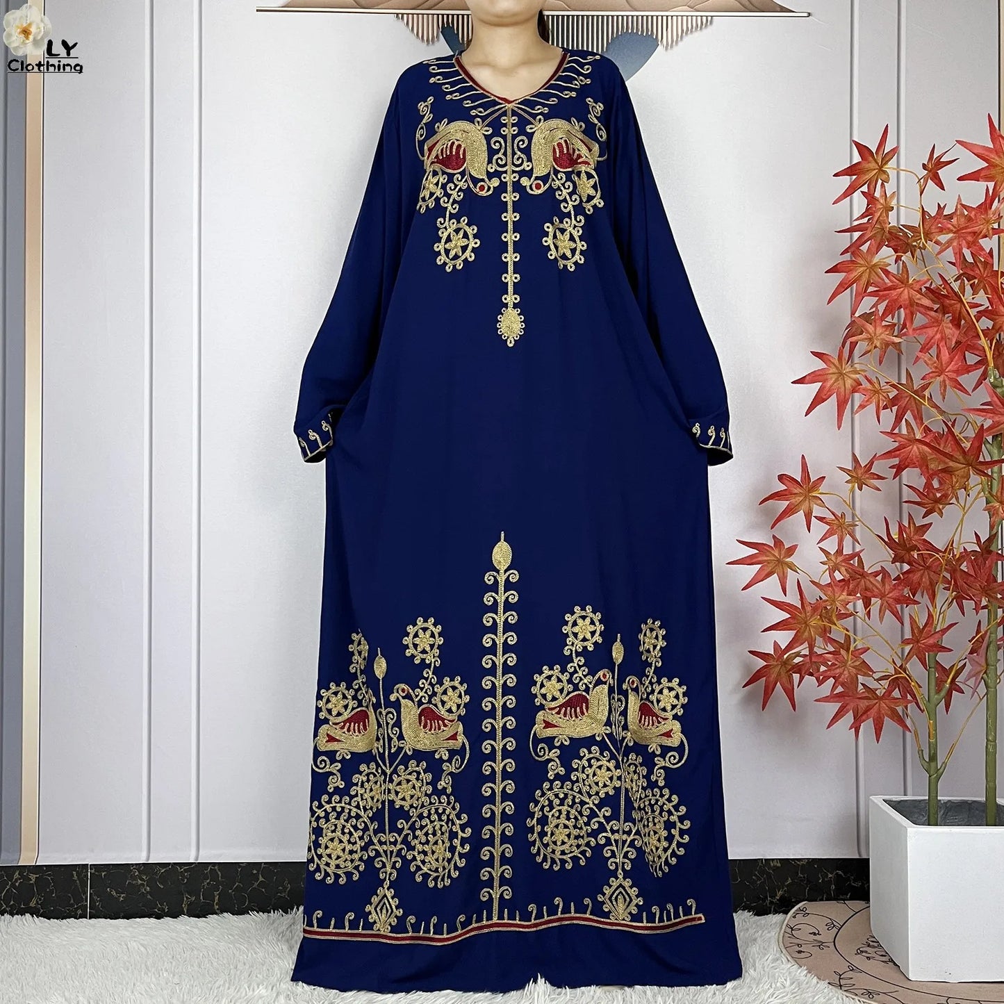 Women Abaya Clothing Floral Embroidery Cotton Long Sleeved Dresses Loose Robe With Headscarf