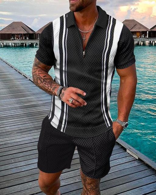 Summer Mens Polo Shirts with Short Sleeve 3D Trend Luxury Golf T Shirt Black Faashion Blouse Short Pants Tracksuit 2 Pieces Sets