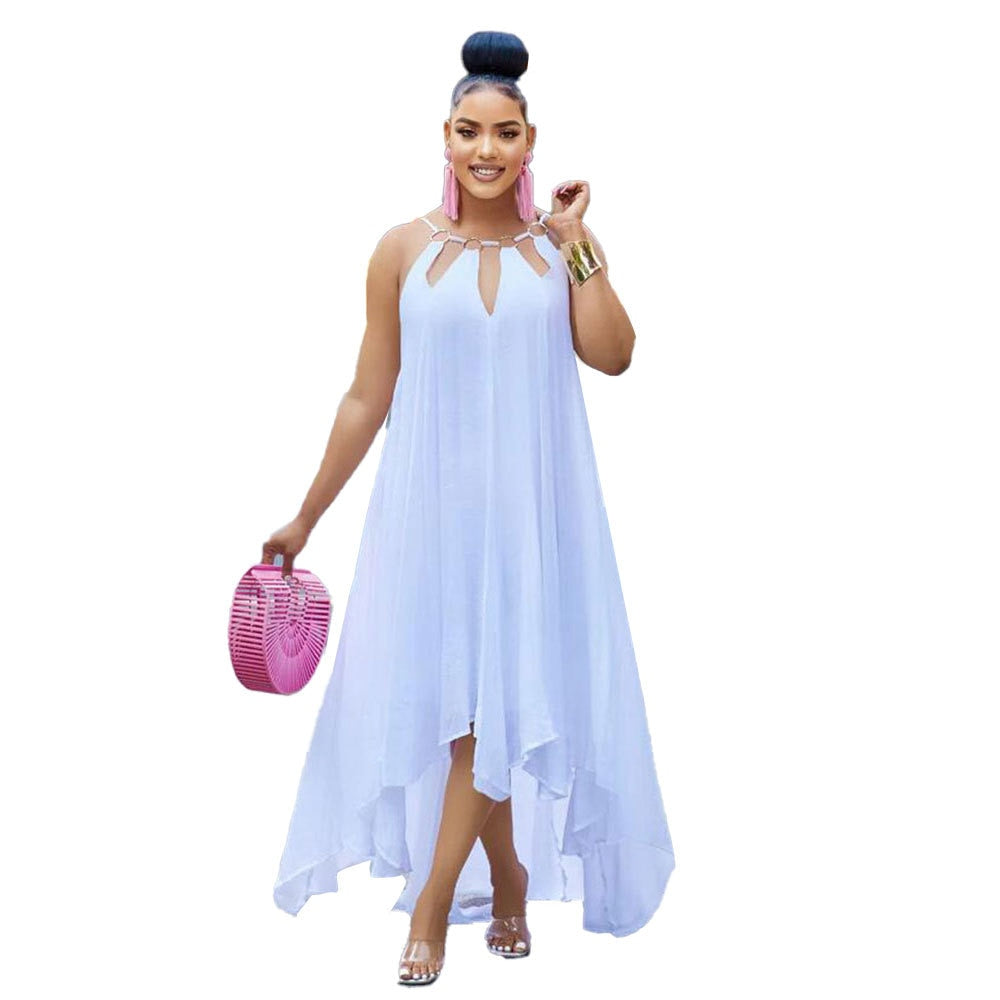Summer New Women's Fashion Sexy Sleeveless Open Back Long Street Dress Solid Loose Pullover Metal Decoration Dress