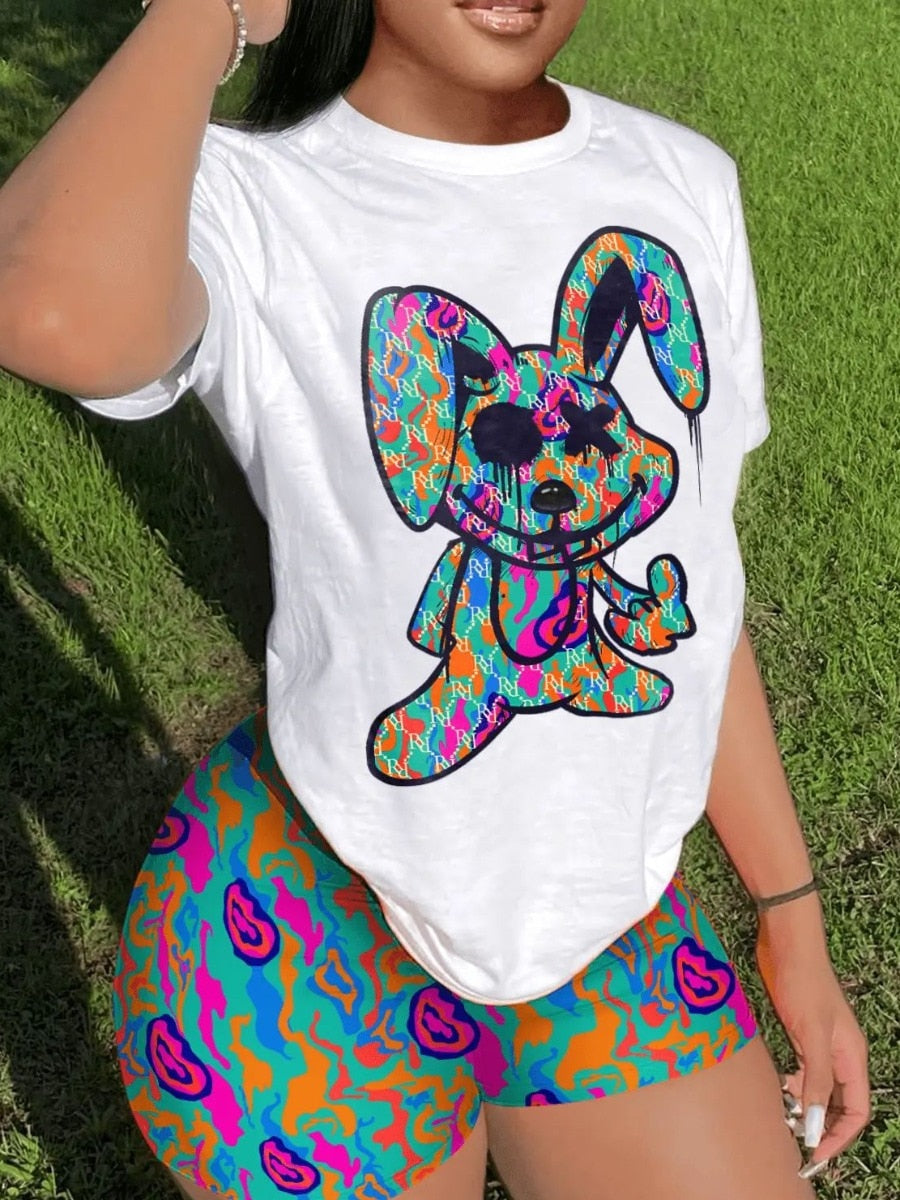 Multicolor Two Pieces Shorts Suits Cartoon Mixed Print Shorts Set Short Sleeve Pullover White Print Bottoms Outfits-Top Super Deals-Free Item Online