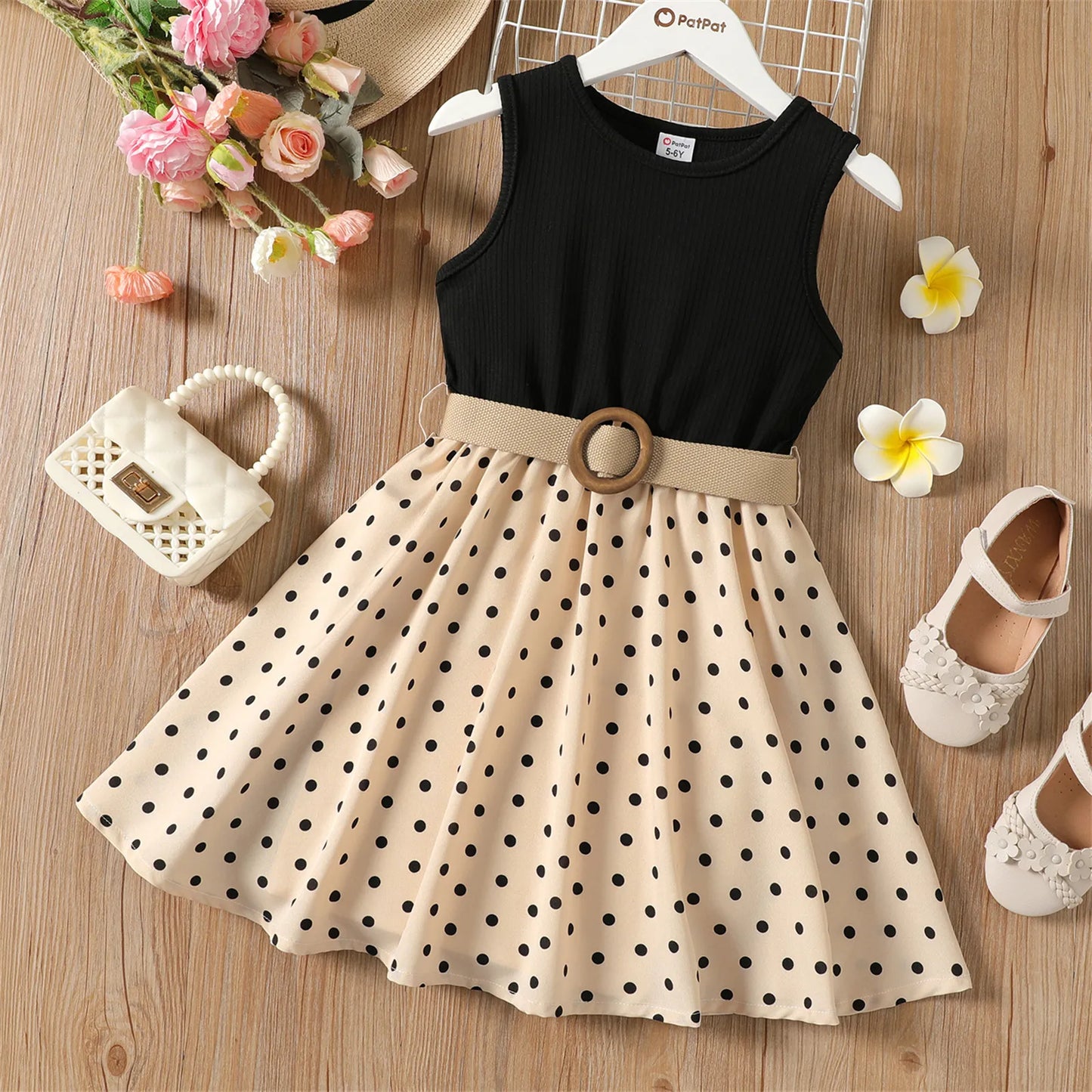 Girl Dresses Kids Clothes Girl Polka Dots Ribbed Girls Splice Sleeveless Dress & Belt