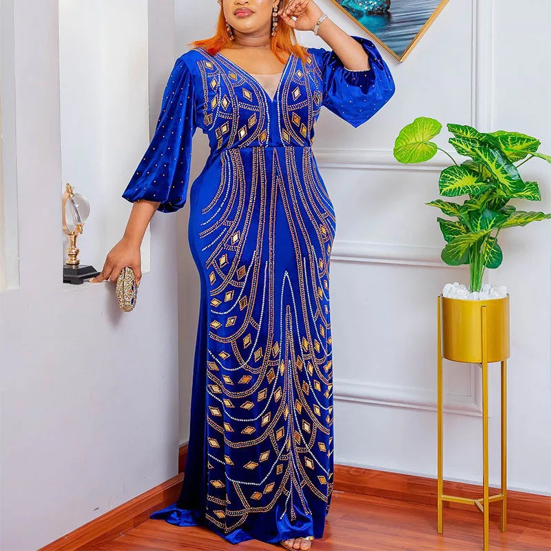 2023 Luxury Plus Size Blue African Sequins Maxi Dress for Women Elegant Lady Wedding Evening Dresses Sexy Party Bodycon Gown