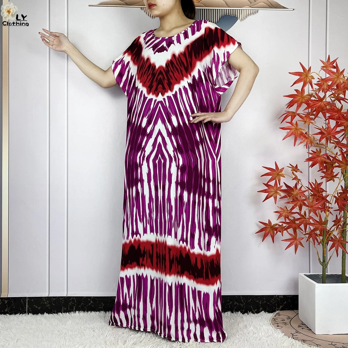 Short Sleeve African Dashiki Tie-dyed Cotton Abaya Caftan Casual Dresses With Big Scarf