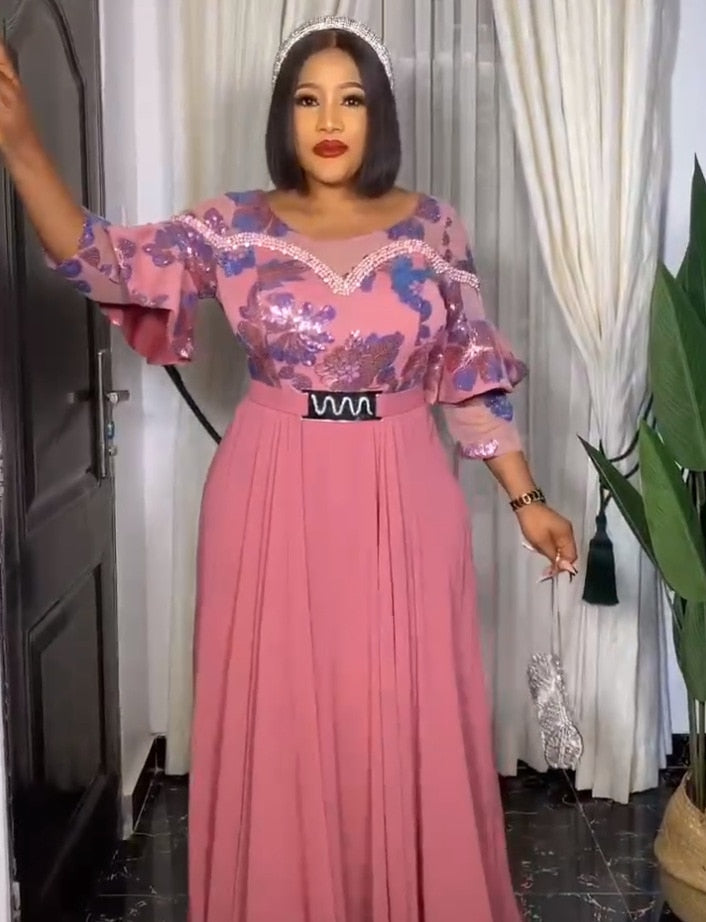 Summer Dresses Women 3/4 Sleeve O-neck Polyester Pink Long Maxi Dress with Belt
