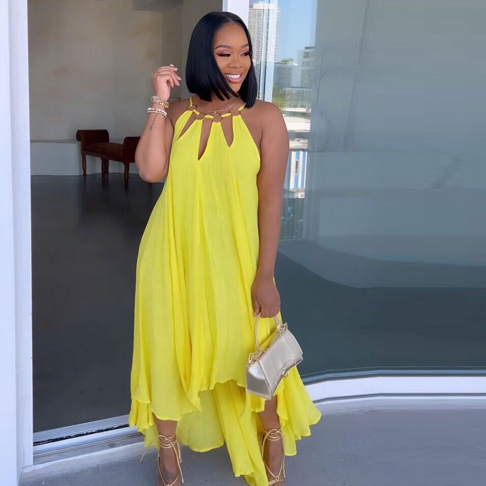 Summer New Women's Fashion Sexy Sleeveless Open Back Long Street Dress Solid Loose Pullover Metal Decoration  Dress