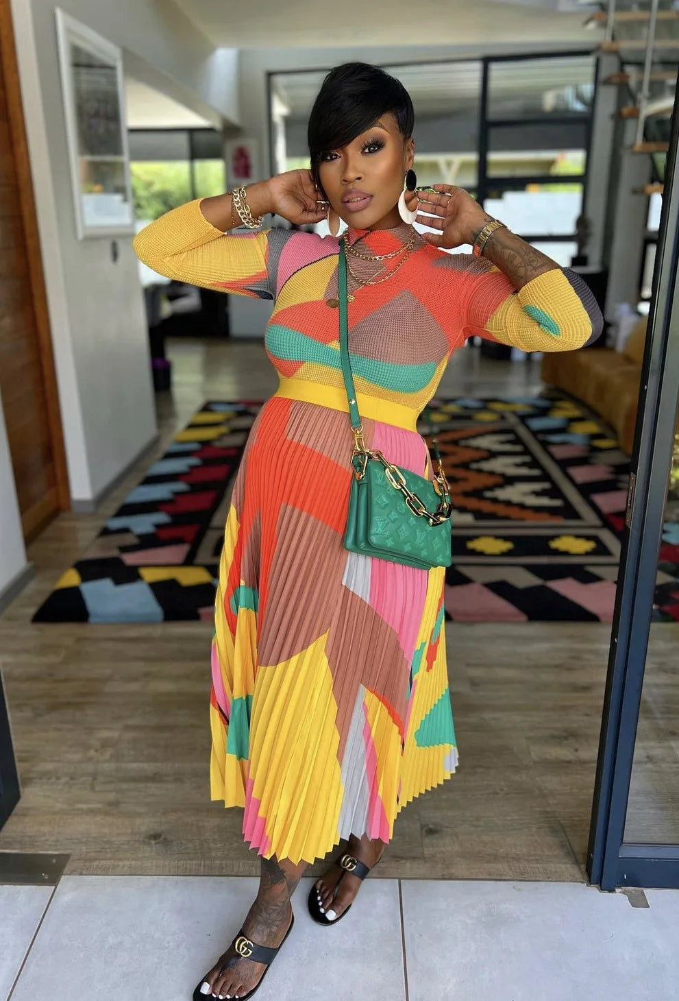 Two-Piece Set Pleated Long Sleeve Round Neck Long Sleeve T-shirt and High Waist Skirt Mid Length