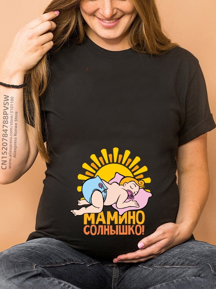 Maternity Clothes Casual Pregnancy T Shirts Baby Print Funny Women Summer Tees Tops White