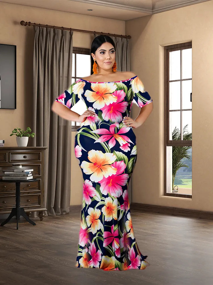 Plus Size Short Sleeved Floral Women Robe Soirée Femme