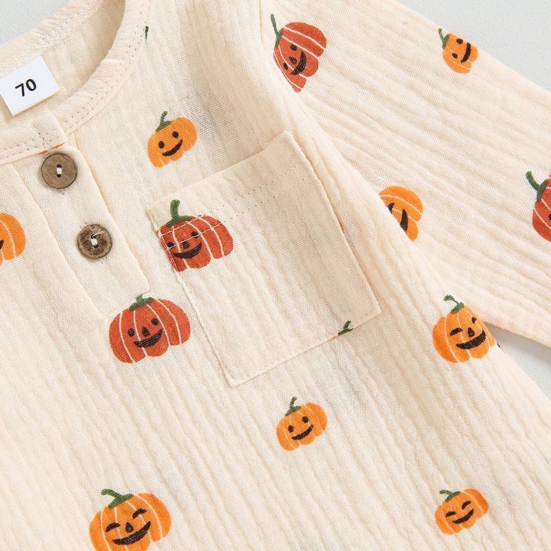 2PCS Toddler Girls Boys Halloween Clothes Cotton Linen Long Sleeve Pumpkin Print Button Tops Drawstring Pants Spring Fall Sets
