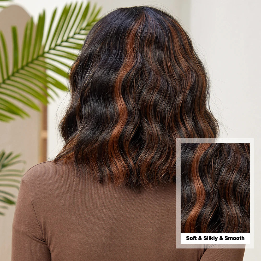 Short Wavy Synthetic Bob Wigs Dark Brown with Highlight Bangs