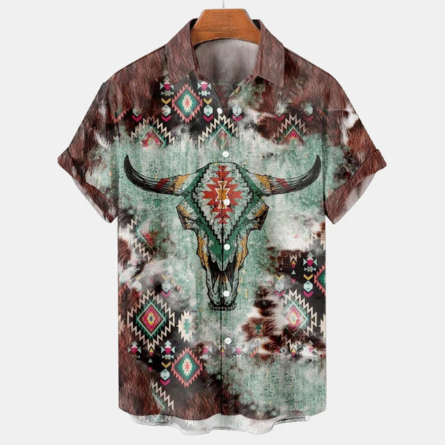 Men Vintage Ethnic Hawaiian 3D Print Short Sleeve Lapel Button Streetwear