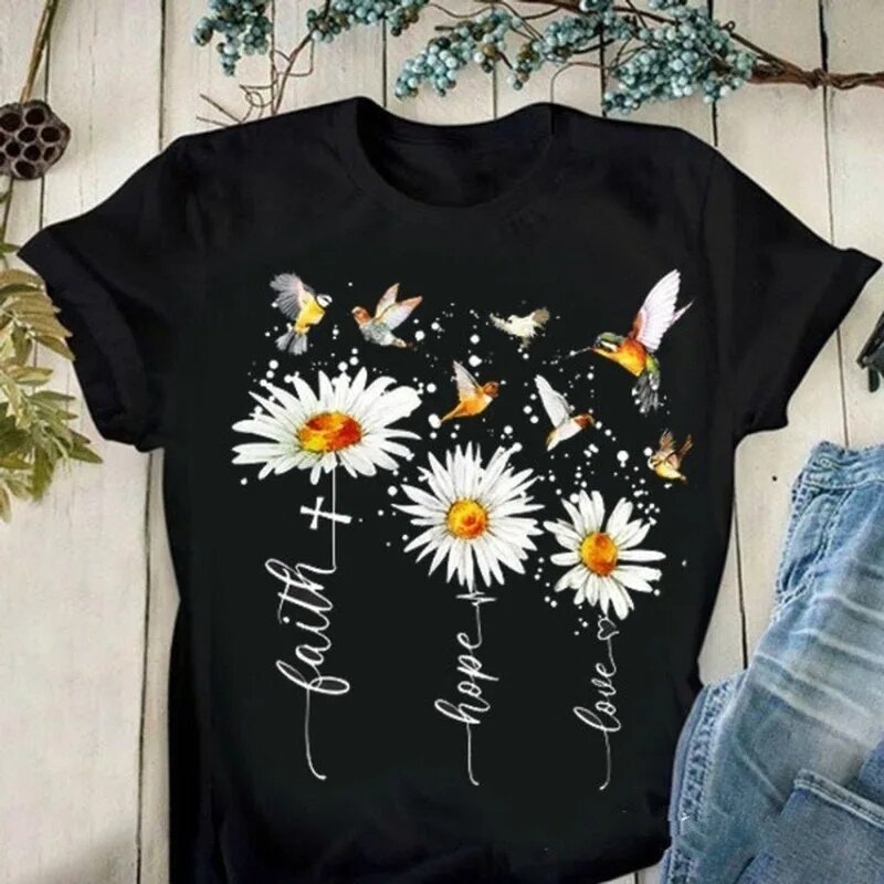 Faith Hope Love Daisy Print T Shirt Women Short Sleeve O Neck Loose