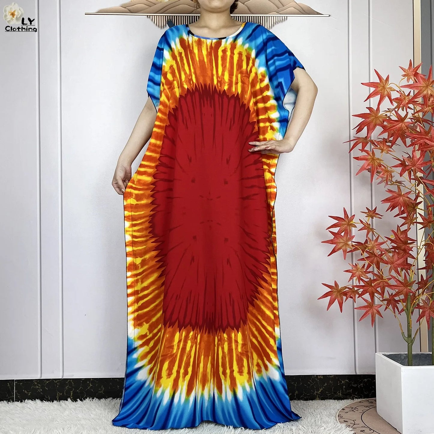 Women Short Sleeve Cotton Loose Femme Robe Dresses With Big Scarf
