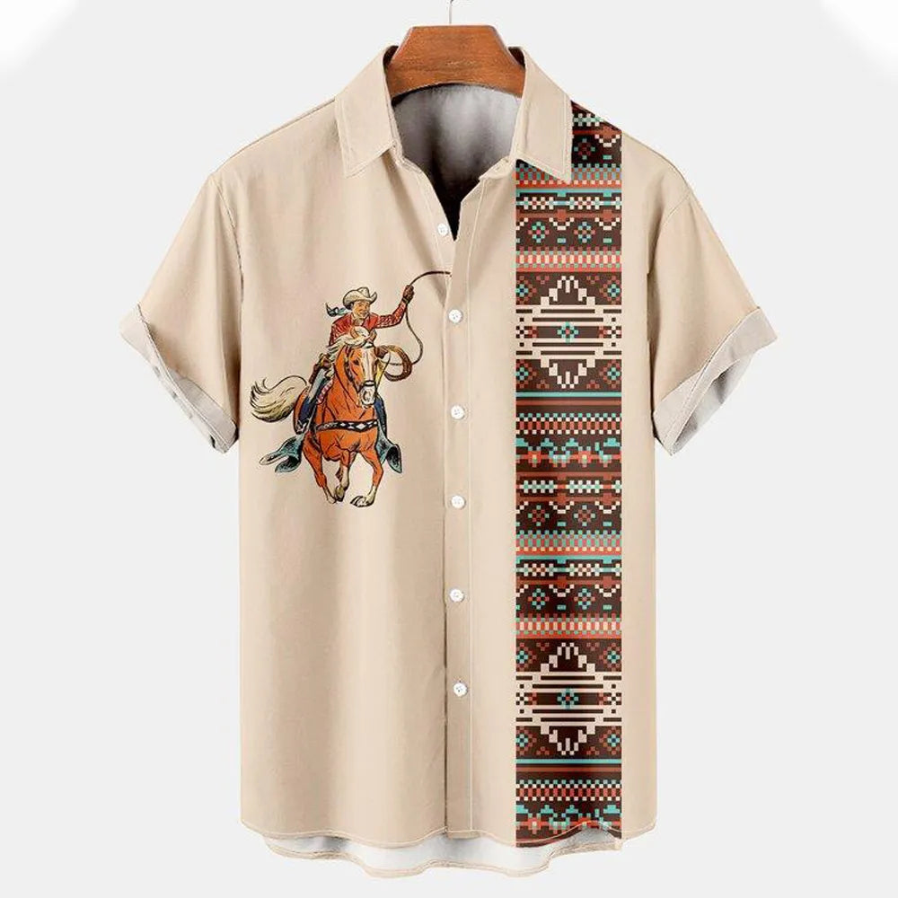 Men Vintage Ethnic Hawaiian 3D Print Short Sleeve Lapel Button Streetwear