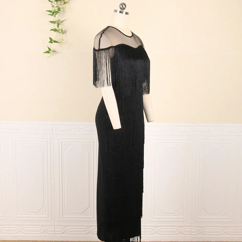 2024 Women Fringe Party Dresses Elegant Net Shoulder Sleeveless Large Size Long  Dress for Birthday Dinner Event Wedding Guest