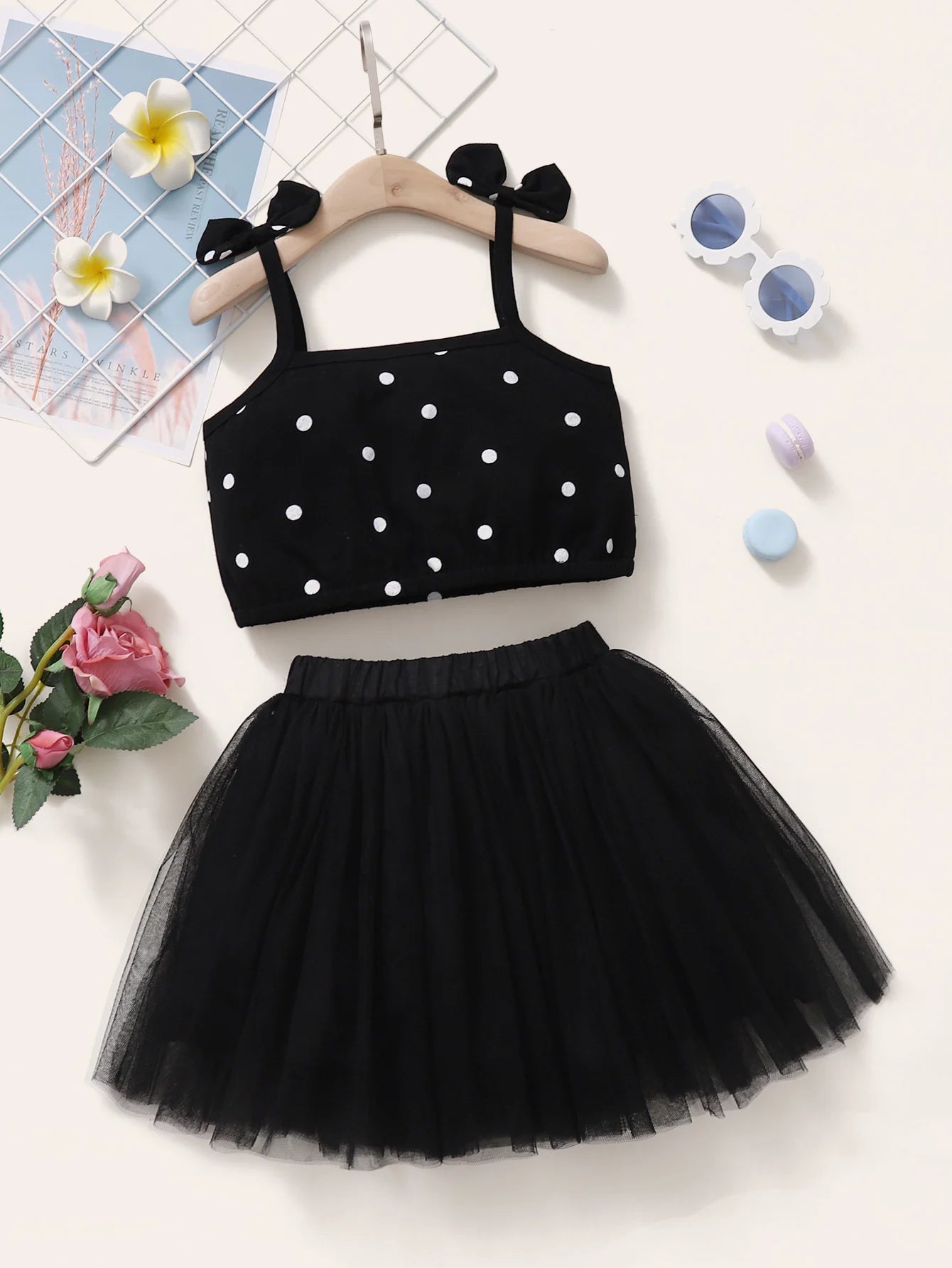 Kid Boyclothing Bow Strap Dots Tops Black Chiffon Puffy Skirt Summer Party Fashion Set Suitable for Female Babies Aged 1-6 Years
