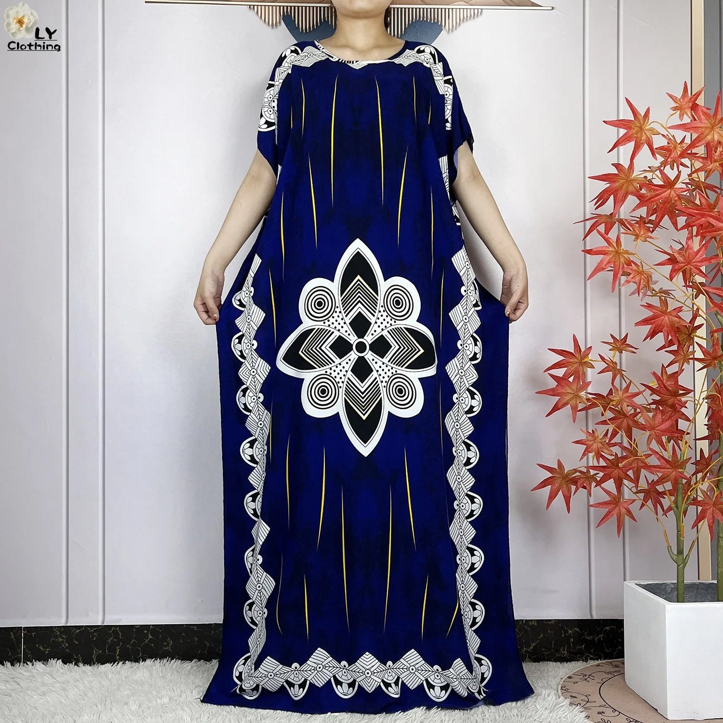 Women Short Sleeve Cotton Loose Femme Robe Dresses With Big Scarf