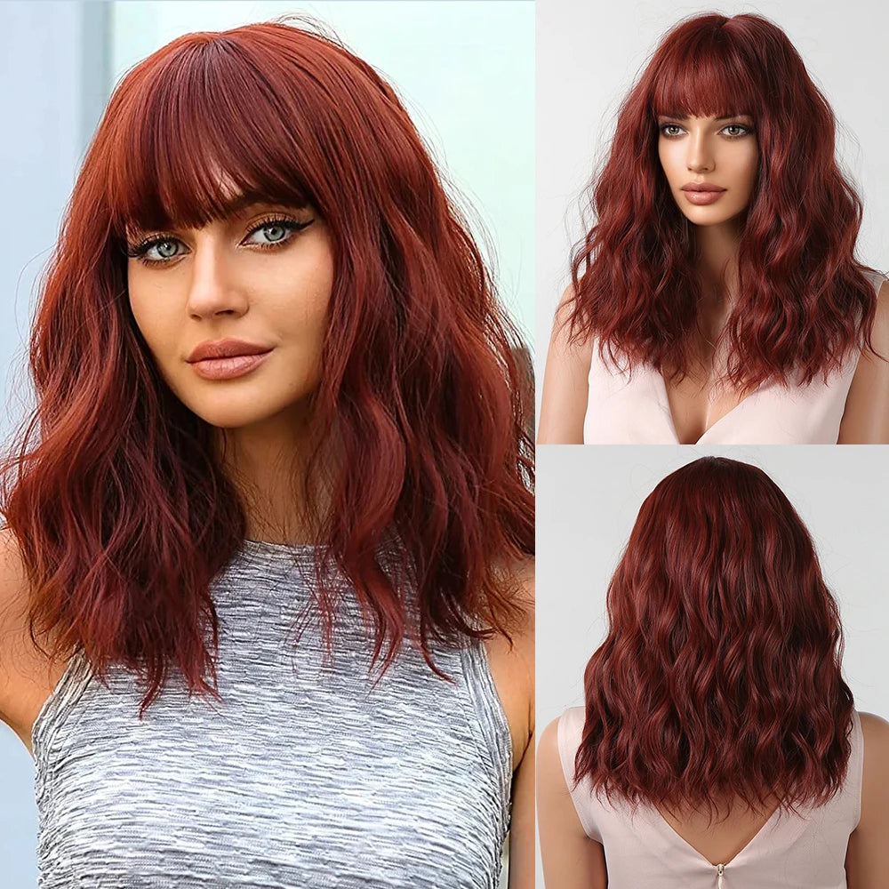 Synthetic Short Wavy Colored Wig with Bangs