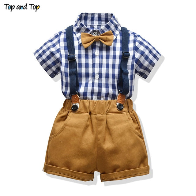 Top and Top Baby Boy Clothing Sets Infants Newborn Boy Clothes Shorts Sleeve Tops+Overalls 2PCS Outfits Summer Bebes Clothing