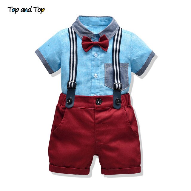 Top and Top Baby Boy Clothing Sets Infants Newborn Boy Clothes Shorts Sleeve Tops+Overalls 2PCS Outfits Summer Bebes Clothing