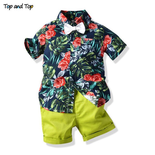 Top and Top Hawai Boy Clothing Set Summer Fashion Floral Short Sleeve Bowtie Shirt+Shorts Boy Casual Clothes Gentleman 2Pcs Suit
