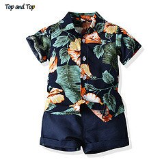 Top and Top Hawai Boy Clothing Set Summer Fashion Floral Short Sleeve Bowtie Shirt+Shorts Boy Casual Clothes Gentleman 2Pcs Suit