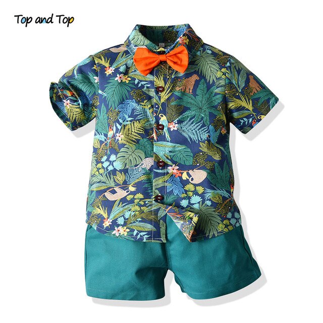 Top and Top Hawai Boy Clothing Set Summer Fashion Floral Short Sleeve Bowtie Shirt+Shorts Boy Casual Clothes Gentleman 2Pcs Suit