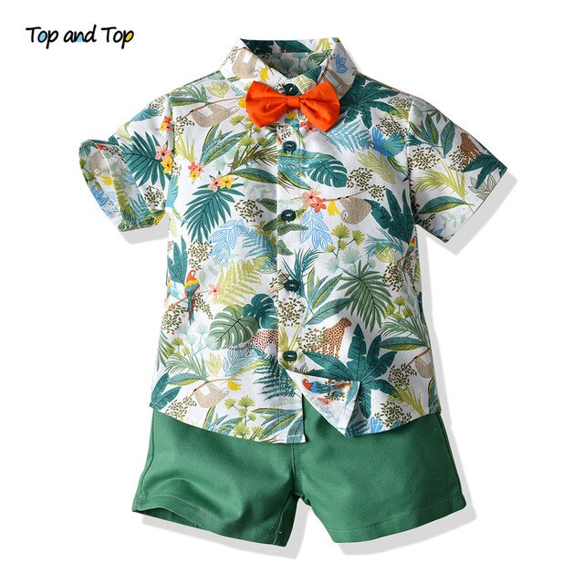 Top and Top Hawai Boy Clothing Set Summer Fashion Floral Short Sleeve Bowtie Shirt+Shorts Boy Casual Clothes Gentleman 2Pcs Suit