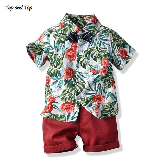 Top and Top Hawai Boy Clothing Set Summer Fashion Floral Short Sleeve Bowtie Shirt+Shorts Boy Casual Clothes Gentleman 2Pcs Suit