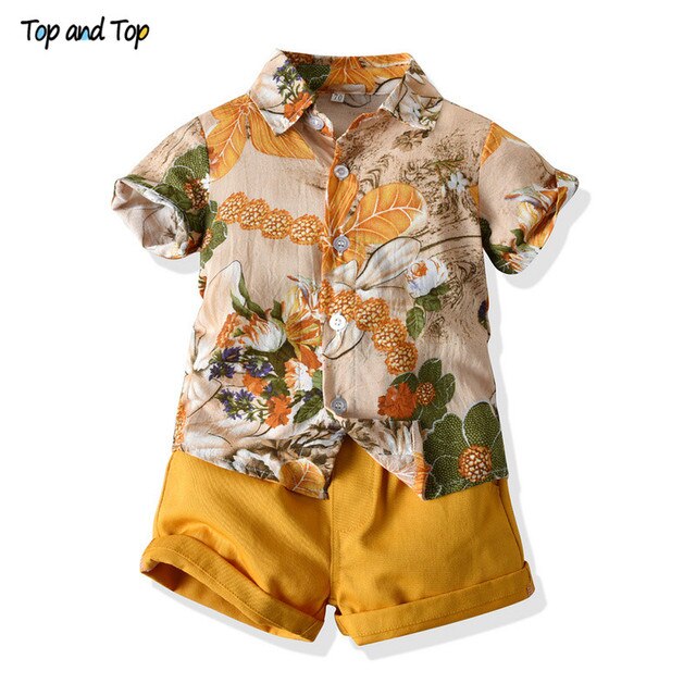 Top and Top Hawai Boy Clothing Set Summer Fashion Floral Short Sleeve Bowtie Shirt+Shorts Boy Casual Clothes Gentleman 2Pcs Suit