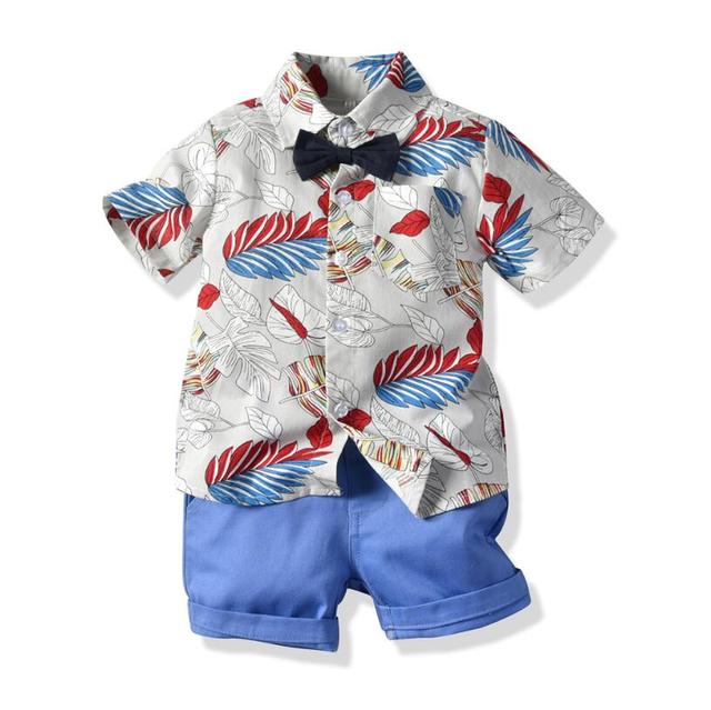 Top and Top Hawai Boy Clothing Set Summer Fashion Floral Short Sleeve Bowtie Shirt+Shorts Boy Casual Clothes Gentleman 2Pcs Suit