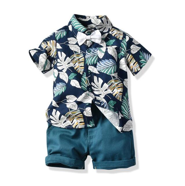 Top and Top Hawai Boy Clothing Set Summer Fashion Floral Short Sleeve Bowtie Shirt+Shorts Boy Casual Clothes Gentleman 2Pcs Suit