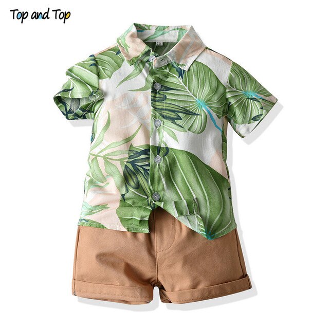 Top and Top Hawai Boy Clothing Set Summer Fashion Floral Short Sleeve Bowtie Shirt+Shorts Boy Casual Clothes Gentleman 2Pcs Suit