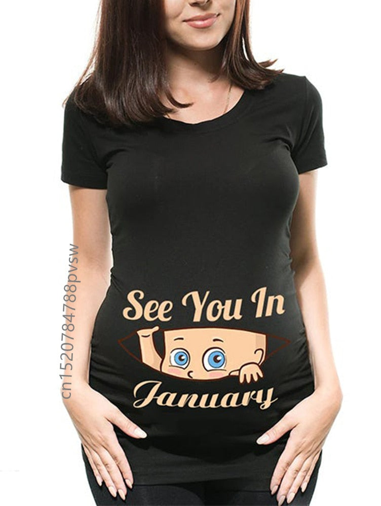 Funny See You In January-December Women Pregnant T Shirt Female Maternity Pregnancy Announcement New Mom Cloth