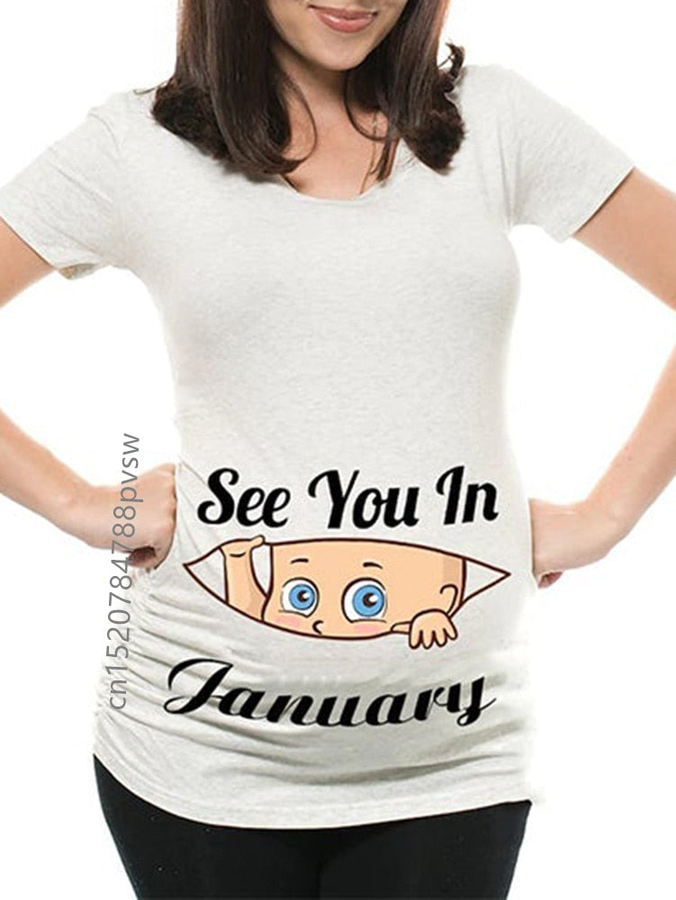 Funny See You In January-December Women Pregnant T Shirt Female Maternity Pregnancy Announcement New Mom Cloth