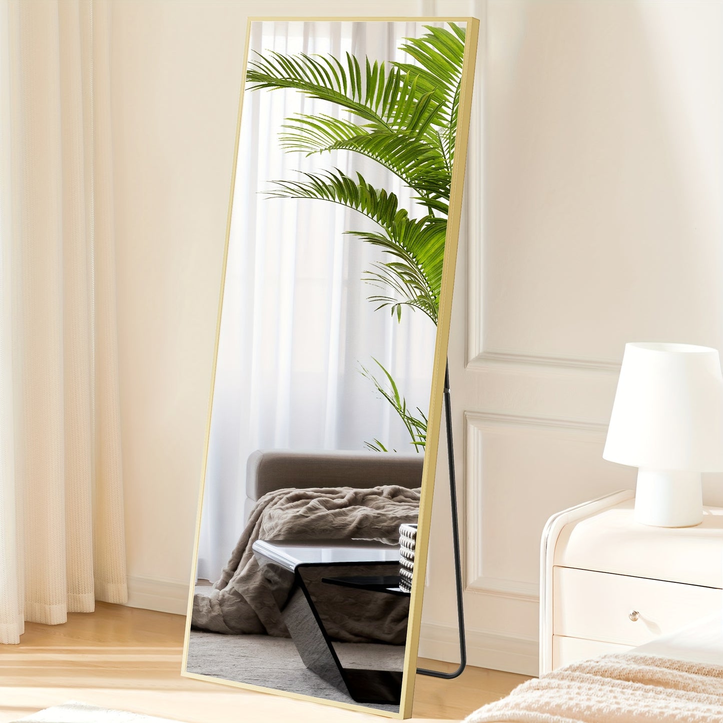 LED Lighted Full-Length Mirror with Arched Top - Aluminum Frame Floor-Standing Dressing Mirror for Bedroom & Living Room, No Electrical Needed, Black/Golden/White