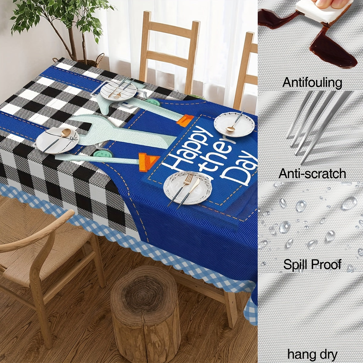 Father's Day Tablecloth Blue White Checkered Table Cover