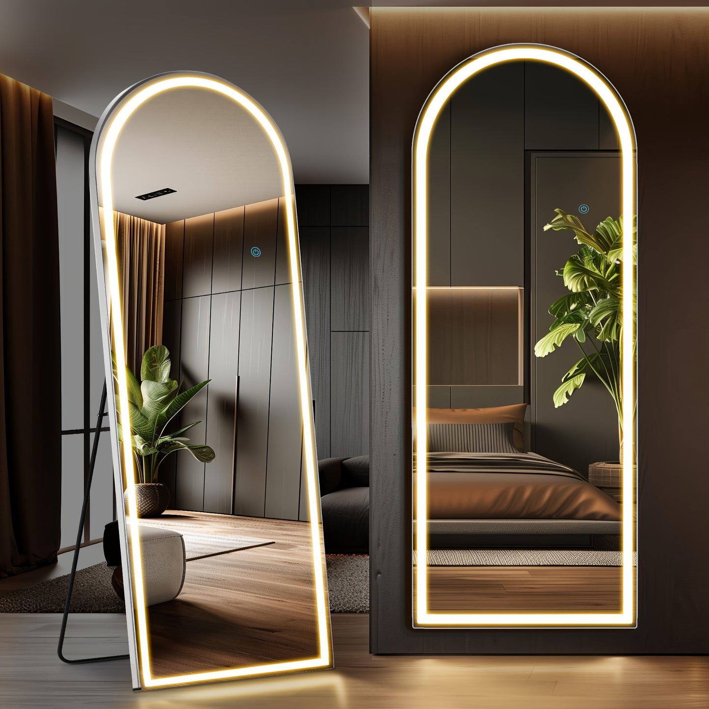 LED Lighted Full-Length Mirror with Arched Top - Aluminum Frame Floor-Standing Dressing Mirror for Bedroom & Living Room, No Electrical Needed, Black/Golden/White