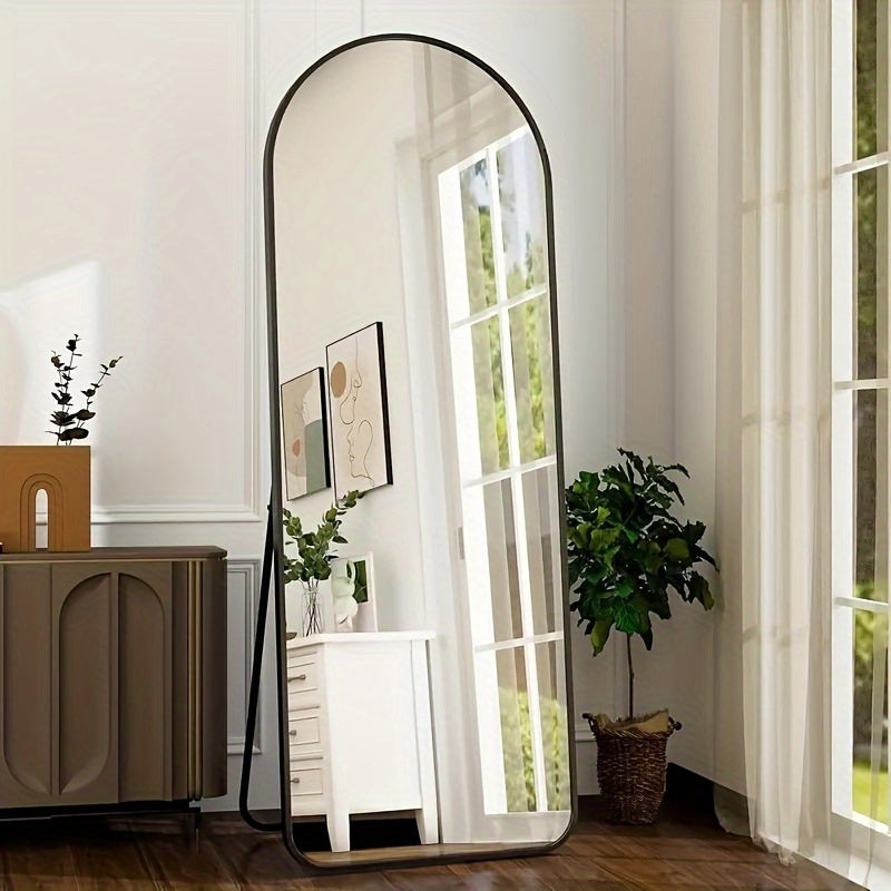 LED Lighted Full-Length Mirror with Arched Top - Aluminum Frame Floor-Standing Dressing Mirror for Bedroom & Living Room, No Electrical Needed, Black/Golden/White