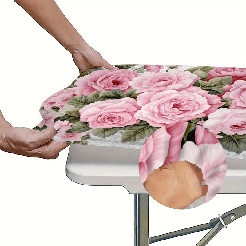 1pc, Rose Flower Printed Design Outdoor Tablecloth - Polyester Elastic Edge - Suitable for Camping, Picnics And Garden Parties, Bright Colors, Outdoor Table Set, Picnic Accessories, Can Be Used Indoors And Outdoors.