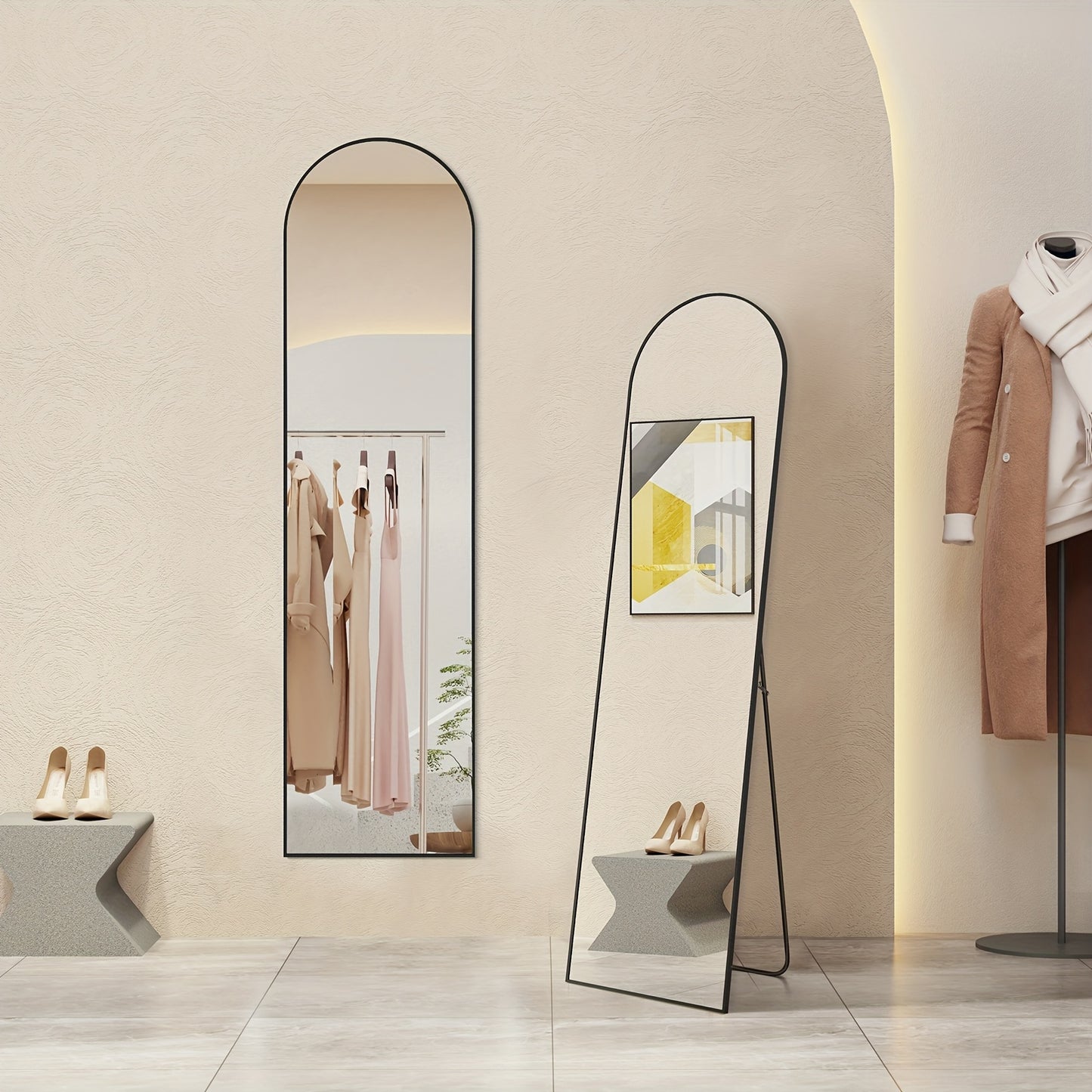 LED Lighted Full-Length Mirror with Arched Top - Aluminum Frame Floor-Standing Dressing Mirror for Bedroom & Living Room, No Electrical Needed, Black/Golden/White