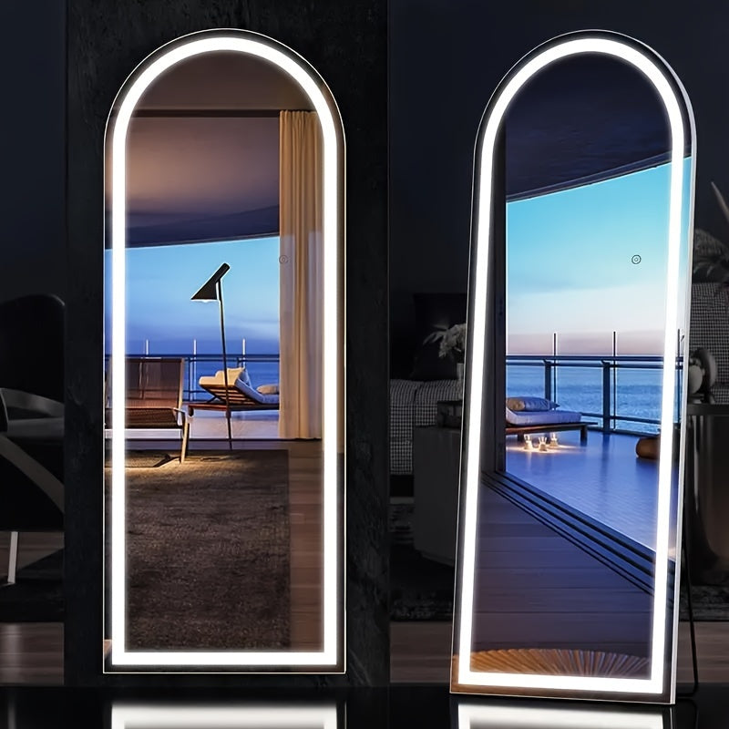 LED Lighted Full-Length Mirror with Arched Top - Aluminum Frame Floor-Standing Dressing Mirror for Bedroom & Living Room, No Electrical Needed, Black/Golden/White