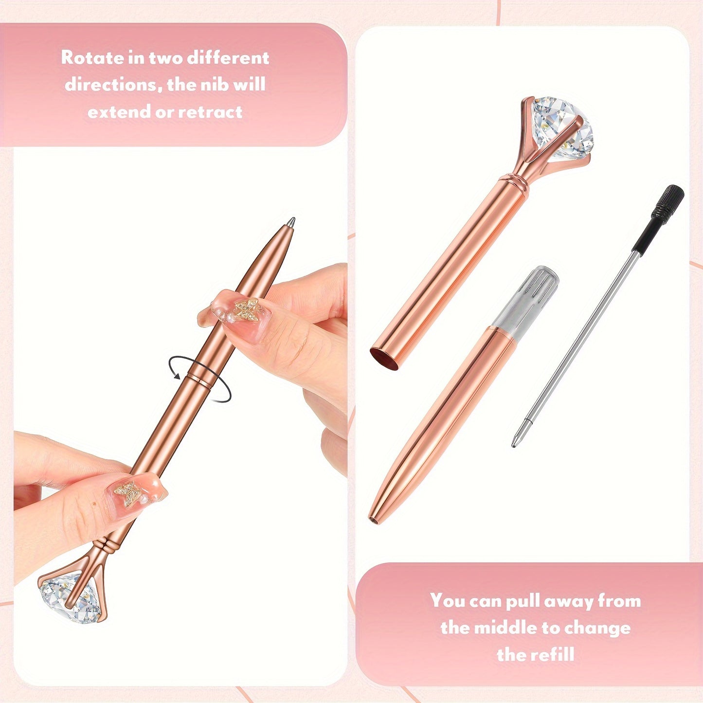 100 Pcs Diamond Pens Crystal Diamond Ballpoint Pen Fancy Cute Pens For Women Bling Metal Ballpoint Pen With Black Ink Office School Supplies, Wedding Bridal Shower Gift (Rose Gold)