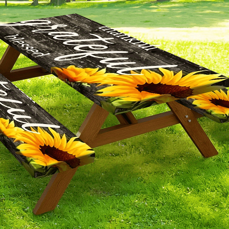 Product 1/3pcs Picnic Tablecloth Set (1 Tablecloth + 2 Stool Covers) Simple Gray Wood Grain Background Sunflower Print Elastic Tablecloth, Suitable for Picnic and Camping Tablecloths, Is a Must-have for Outdoor Barbecue and H