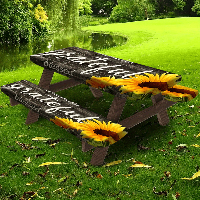 Product 1/3pcs Picnic Tablecloth Set (1 Tablecloth + 2 Stool Covers) Simple Gray Wood Grain Background Sunflower Print Elastic Tablecloth, Suitable for Picnic and Camping Tablecloths, Is a Must-have for Outdoor Barbecue and H
