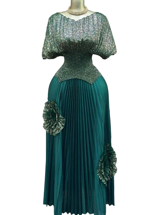 Women Batwing Top & 3D floral Pleated Skirt