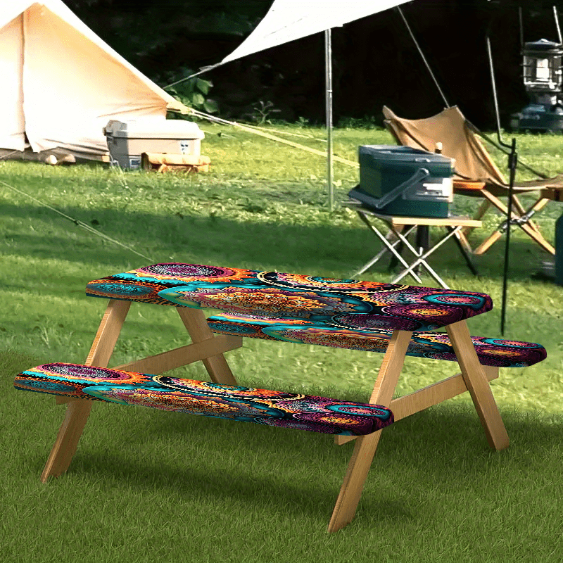 Product 1/3pcs Outdoor Picnic Tablecloth Set (1 Tablecloth + 2 Stool Covers) Mandala, Colorful Abstract Complex Pattern Elastic Tablecloth, Edge Elastic Tablecloth, Machine Washable, Suitable for Camping, Parties, Gifts, Part