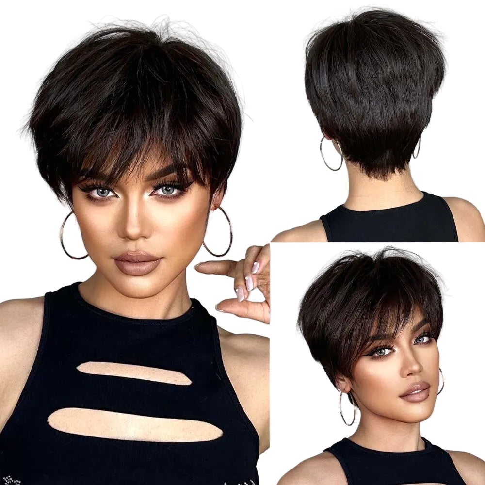 Short Pixie Cut Wig Synthetic Layered with Bangs Heat Resistant Fluffy Amazon.com : Amnenl Short Grey Mix Brown Womens Wig with  main image 2