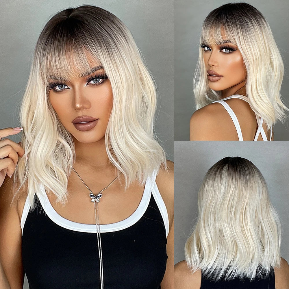 Synthetic Short Wavy Colored Wig with Bangs