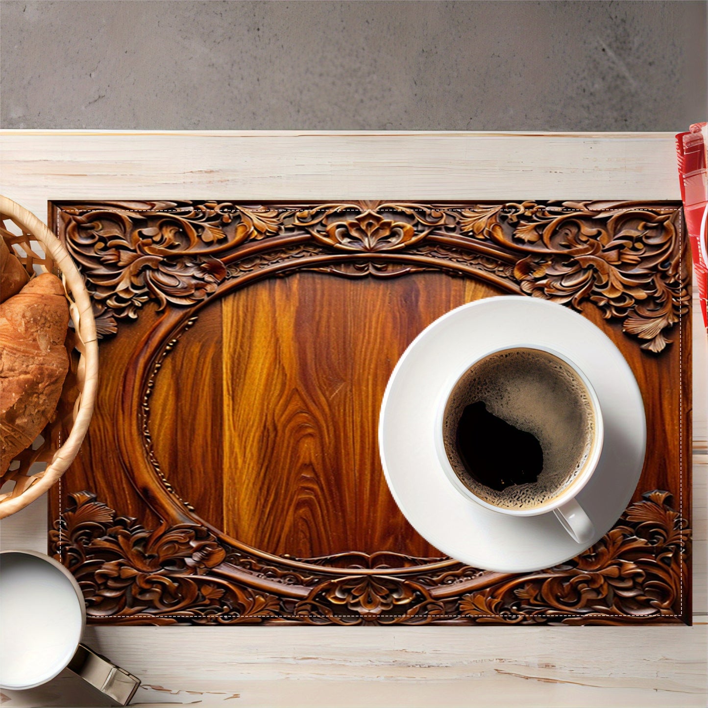 4/6pcs Vintage Floral Carved Linen Placemats Set, Rectangular Hand Wash Only Table Mats, Linen for Dining Room, Kitchen Decor, Heat Resistant,, Suitable for Home, Coffee Shops, Wedding, Party Decoration, Linen Material